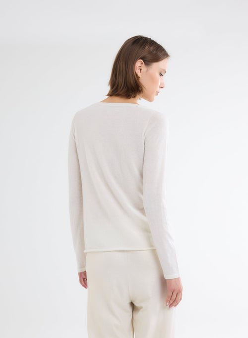 Ecru Boatneck Long Sleeve T-shirt in 100% Cashmere - MAJESTIC FILATURES