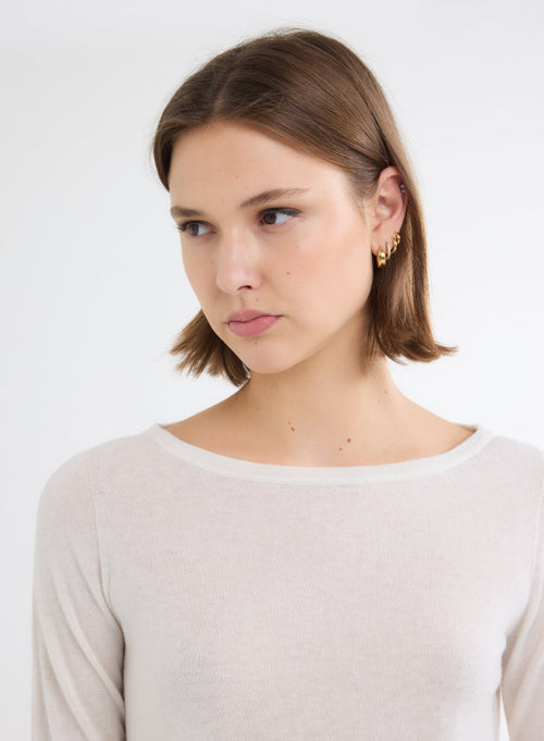 Ecru Boatneck Long Sleeve T-shirt in 100% Cashmere - MAJESTIC FILATURES