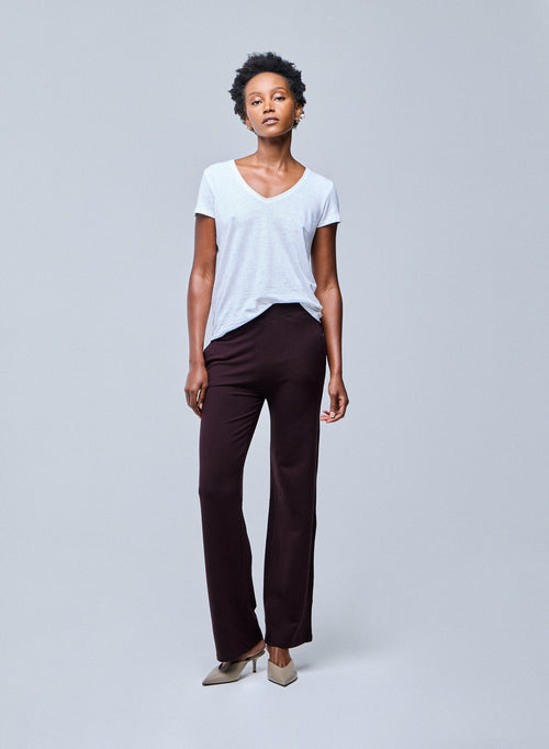 Weißes T-Shirt mit V-Ausschnitt und kurzen Ärmeln aus Leinen und Elasthan - MAJESTIC FILATURES