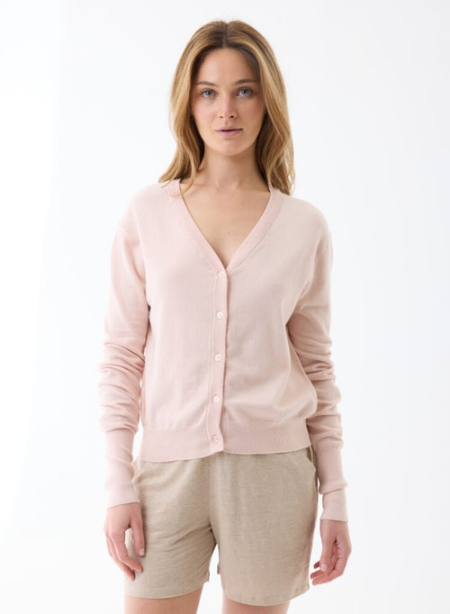 Powder-Colored Long-Sleeve V-Neck Cardigan in Organic Cotton / Elastane - MAJESTIC FILATURES