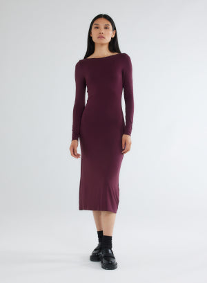Purple boat neck dress with long sleeves in viscose / elastane - MAJESTIC FILATURES