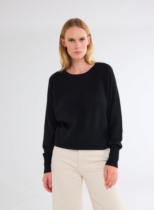 Pull Noir Col Rond Manches Longues en Cachemire - MAJESTIC FILATURES