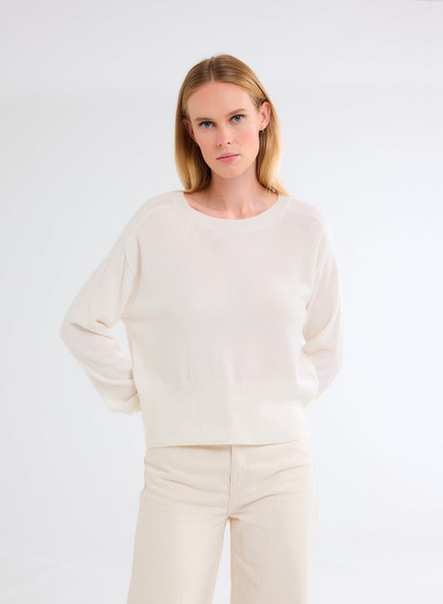 Pull Blanc Col Rond Manches Longues en Cachemire - MAJESTIC FILATURES