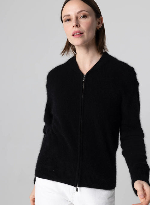 Strickjacke mit Rundhalsausschnitt und langen Ärmeln aus Waschbärfell/Polyamid in Schwarz - MAJESTIC FILATURES