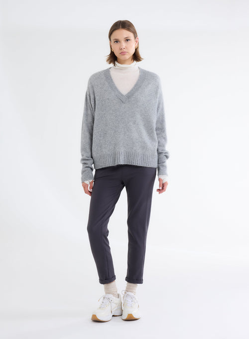 Pull Gris Col V Manches Longues - MAJESTIC FILATURES