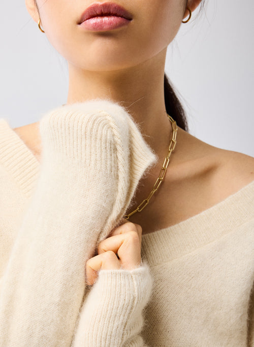 Ecru V-Neck Long Sleeve Sweater in Raccoon - MAJESTIC FILATURES
