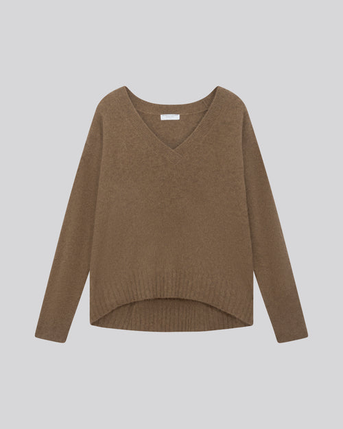 Pull Marron Col V Manches Longues en Raccon wool / Polyamide - MAJESTIC FILATURES