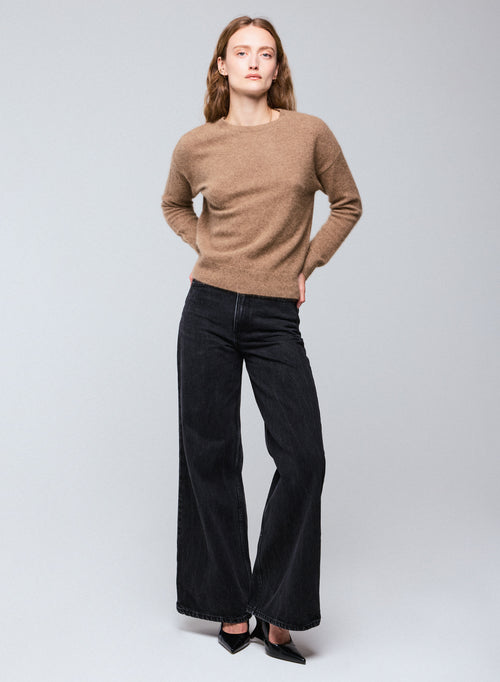 Beige Crew Neck Long Sleeve Sweater in Raccoon wool / Polyamide - MAJESTIC FILATURES