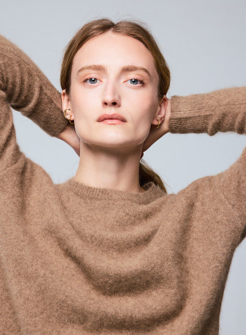 Beige Crew Neck Long Sleeve Sweater in Raccoon wool / Polyamide - MAJESTIC FILATURES