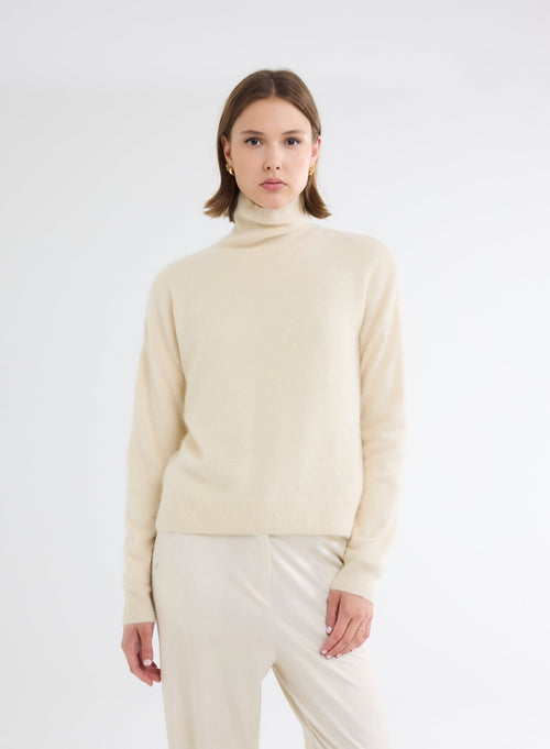 Pull Blanc Col Roulé Manches Longues - MAJESTIC FILATURES