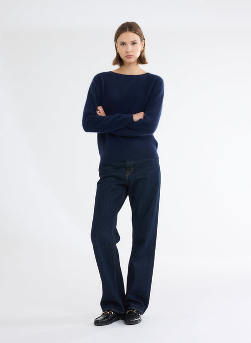 Navy Boat Neck Long Sleeve Sweater - MAJESTIC FILATURES