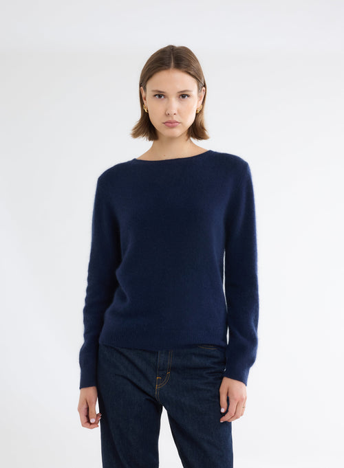 Navy Boat Neck Long Sleeve Sweater - MAJESTIC FILATURES