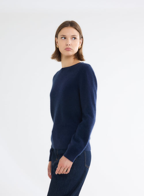 Navy Boat Neck Long Sleeve Sweater - MAJESTIC FILATURES