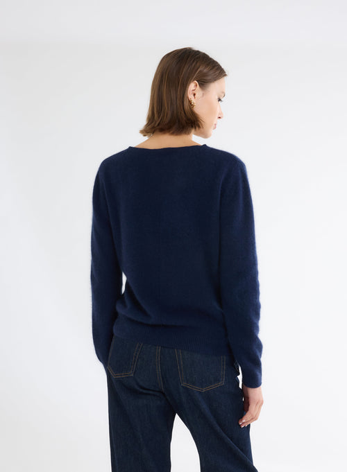 Navy Boat Neck Long Sleeve Sweater - MAJESTIC FILATURES