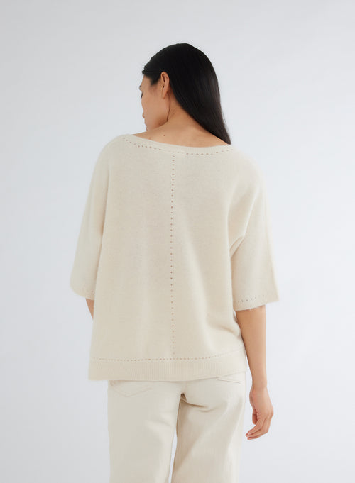 Pull Blanc Col V Manches Coudes - MAJESTIC FILATURES