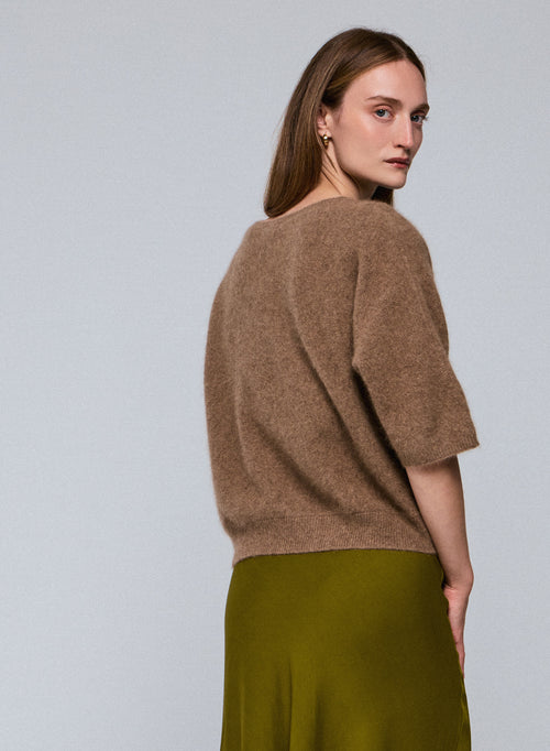 Beige Round Neck Kimono Sleeve Sweater in Raccon wool / Polyamide - MAJESTIC FILATURES