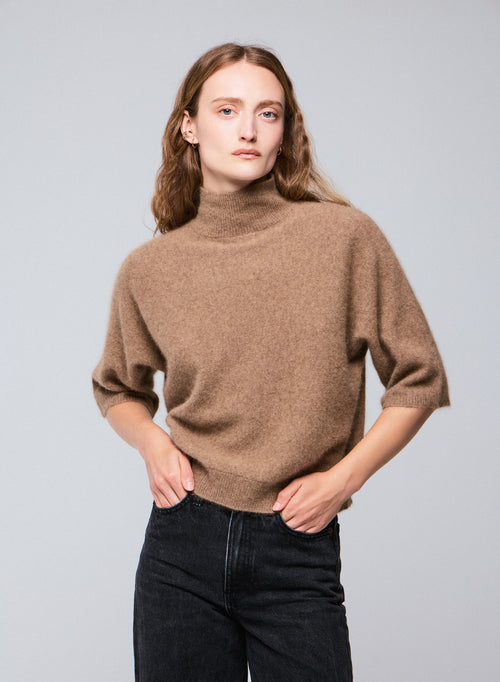 Beige Turtleneck Sweater with Kimono Sleeves in Raccon wool / Polyamide - MAJESTIC FILATURES