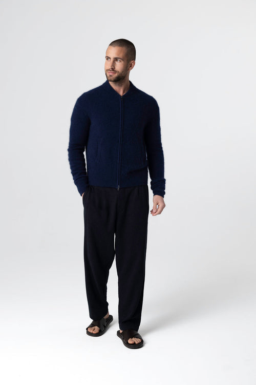 Navy Blue Round-Neck Long-Sleeve Cardigan in Raccoon / Polyamide - MAJESTIC FILATURES