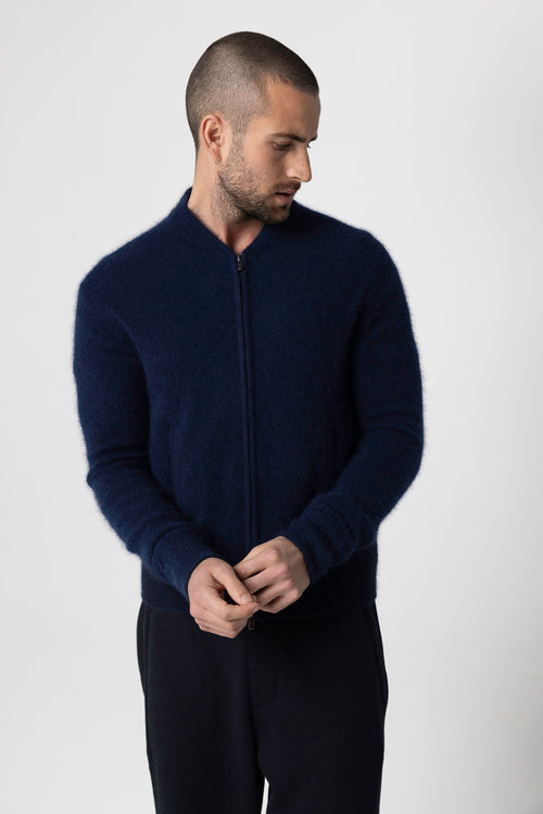 Navy Blue Round-Neck Long-Sleeve Cardigan in Raccoon / Polyamide - MAJESTIC FILATURES