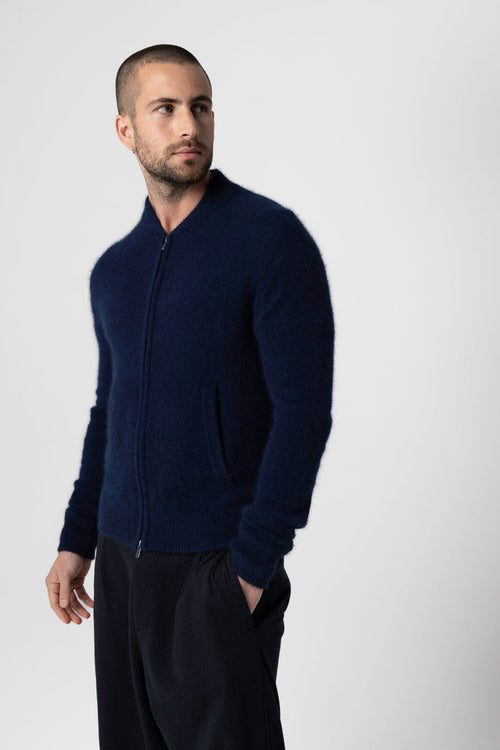 Navy Blue Round-Neck Long-Sleeve Cardigan in Raccoon / Polyamide - MAJESTIC FILATURES