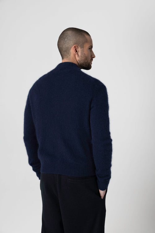 Navy Blue Round-Neck Long-Sleeve Cardigan in Raccoon / Polyamide - MAJESTIC FILATURES