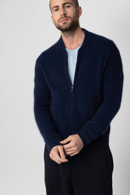 Navy Blue Round-Neck Long-Sleeve Cardigan in Raccoon / Polyamide - MAJESTIC FILATURES