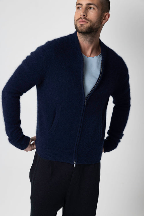 Navy Blue Round-Neck Long-Sleeve Cardigan in Raccoon / Polyamide - MAJESTIC FILATURES