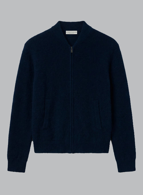 Navy Blue Round-Neck Long-Sleeve Cardigan in Raccoon / Polyamide - MAJESTIC FILATURES