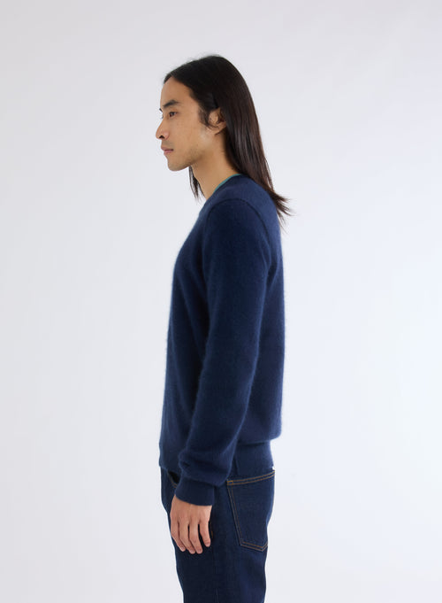 Navy Round Neck Long Sleeve Sweater in Raccoon and Polyamide - MAJESTIC FILATURES