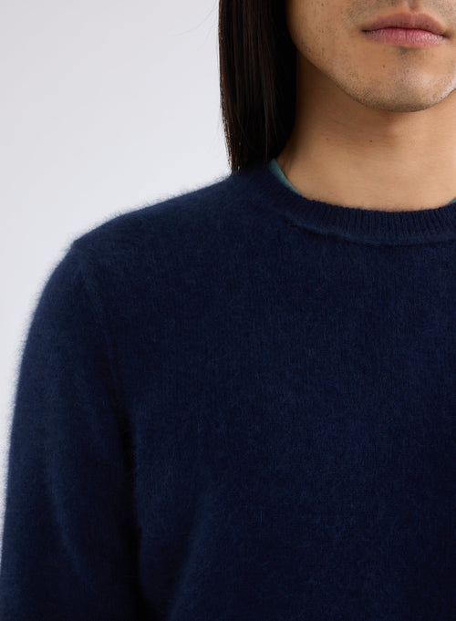 Navy Round Neck Long Sleeve Sweater in Raccoon and Polyamide - MAJESTIC FILATURES