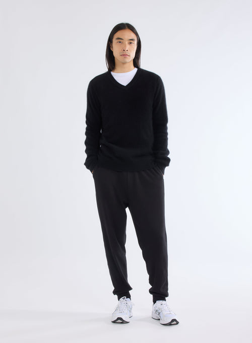 Black V-Neck Long Sleeve Sweater in Raccoon and Polyamide - MAJESTIC FILATURES