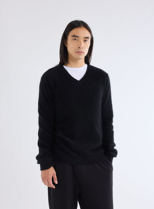 Black V-Neck Long Sleeve Sweater in Raccoon and Polyamide - MAJESTIC FILATURES