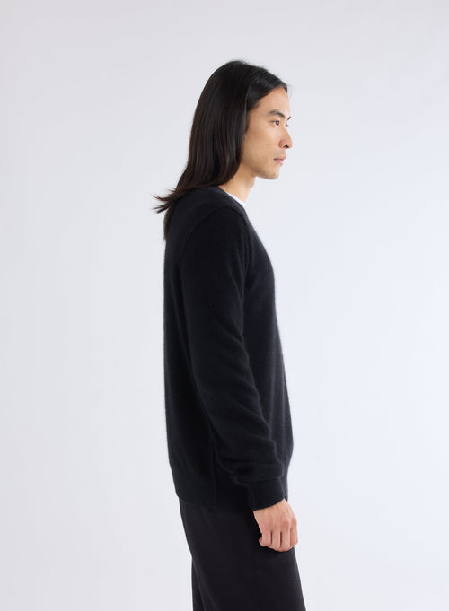 Black V-Neck Long Sleeve Sweater in Raccoon and Polyamide - MAJESTIC FILATURES