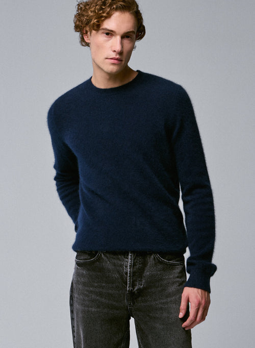 Navy Round Neck Long Sleeve Sweater in Raccon wool / Polyamide - MAJESTIC FILATURES