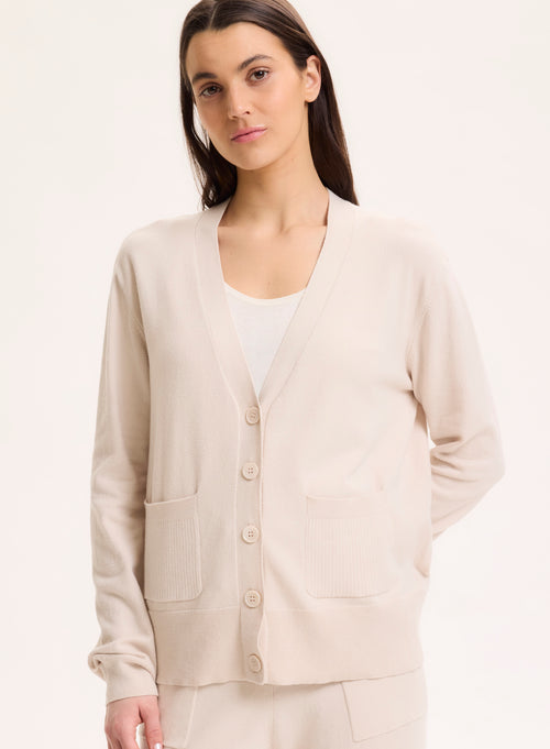 Beige V-neck cardigan with long sleeves in organic cotton