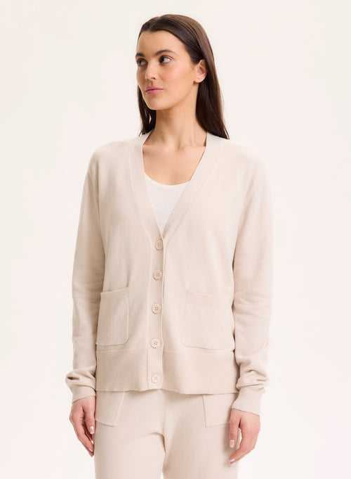 Gilet beige Col V Manches Longues en Coton organique / Elasthanne - MAJESTIC FILATURES