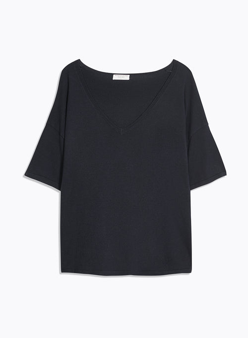 Marineblauer Pullover mit V-Ausschnitt und kurzen Ärmeln aus Bio-Baumwolle / Elasthan - MAJESTIC FILATURES