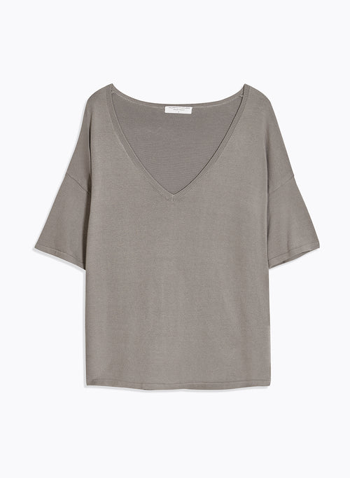 Grauer Kurzarmpullover mit V-Ausschnitt aus Bio-Baumwolle / Elasthan - MAJESTIC FILATURES