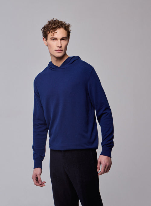 Blauer Kapuzenpullover mit langen Ärmeln aus Bio-Baumwolle / Elasthan - MAJESTIC FILATURES