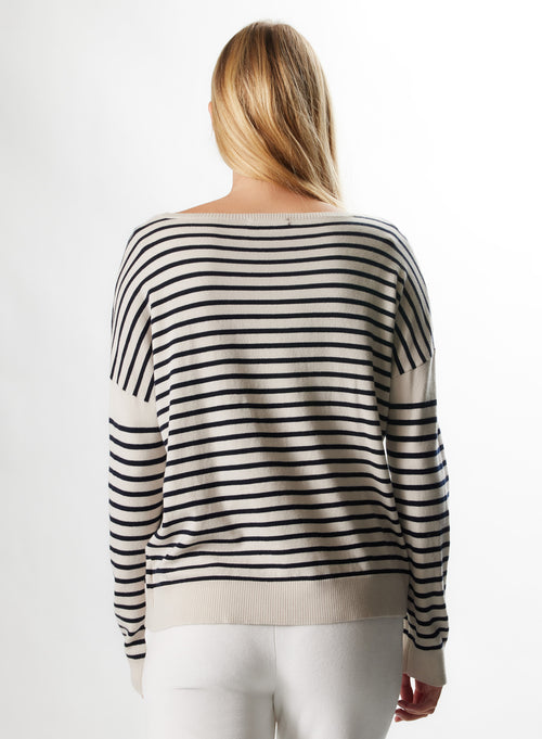 Pull Milk / Marine Col Bateau Manches Longues en Coton organique / Elasthanne - MAJESTIC FILATURES