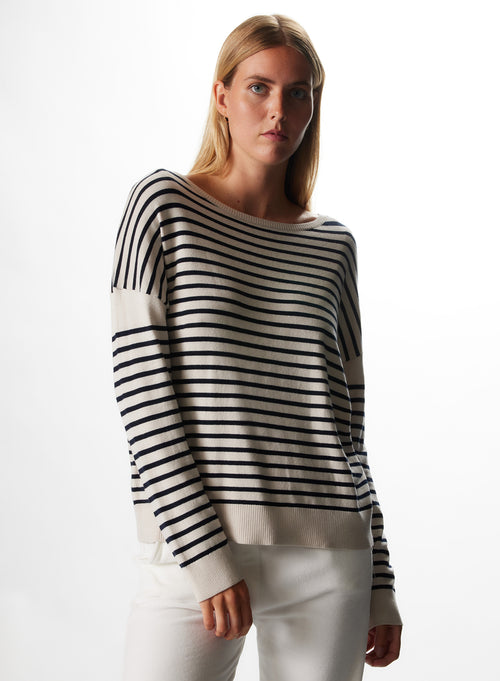 Pull Milk / Marine Col Bateau Manches Longues en Coton organique / Elasthanne - MAJESTIC FILATURES