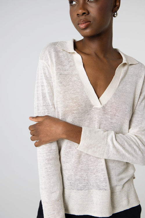 Polo Blanc Manches Trois quarts en Lin - MAJESTIC FILATURES