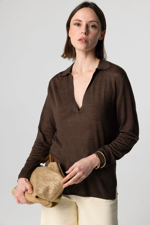Polo marrón oscuro de manga tres cuartos de lino - MAJESTIC FILATURES