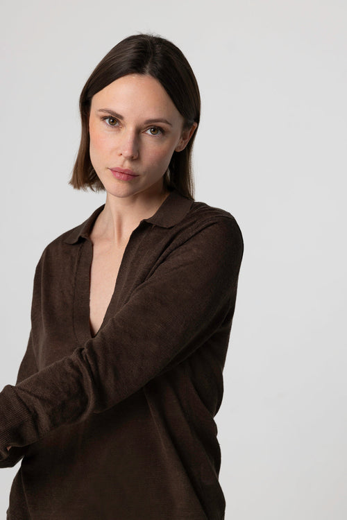 Polo marrón oscuro de manga tres cuartos de lino - MAJESTIC FILATURES