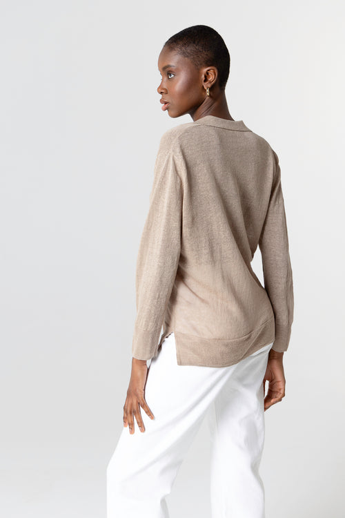 Polo mit Dreiviertelärmeln aus Leinen in Wüstensandfarbe - MAJESTIC FILATURES