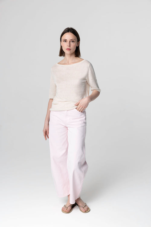 Pullover mit Rundhalsausschnitt Kurze Ärmel aus Leinen in Creme - MAJESTIC FILATURES