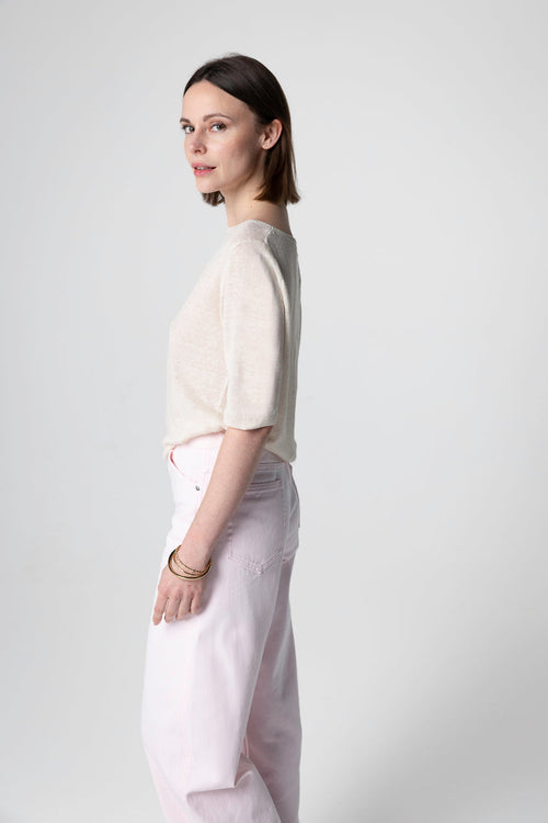 Pullover mit Rundhalsausschnitt Kurze Ärmel aus Leinen in Creme - MAJESTIC FILATURES