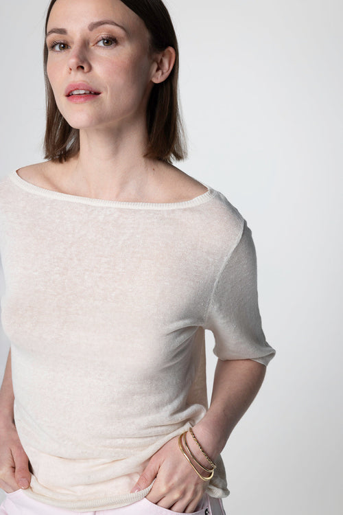 Pullover mit Rundhalsausschnitt Kurze Ärmel aus Leinen in Creme - MAJESTIC FILATURES