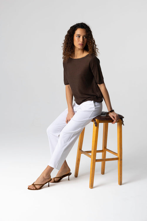 Dark Brown Sweater with Round Neck Short Sleeves in Linen - MAJESTIC FILATURES
