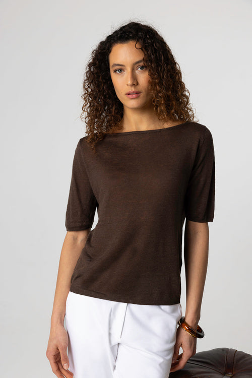 Dark Brown Sweater with Round Neck Short Sleeves in Linen - MAJESTIC FILATURES